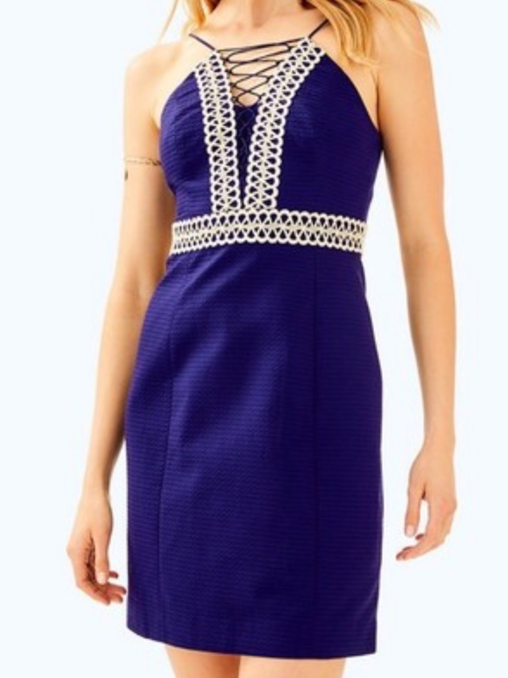 Lilly Pulitzer Trista Navy Shift Dress Gold Embroidered Trim Size 2 100% Cotton - Picture 3 of 10